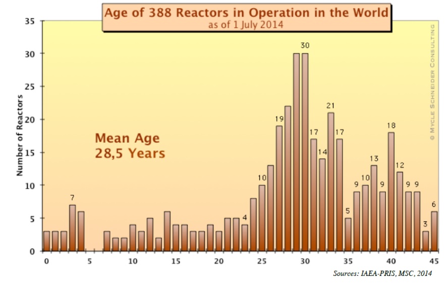 Stáří v současnosti provozovaných bloků ve světě. Nejsou zde zahrnuty bloky, které byly v posledních dvou letech odstaveny (tedy všechny japonské, kromě dvojice bloků v Ohi a pár dalších). (Zdroj WNISR).