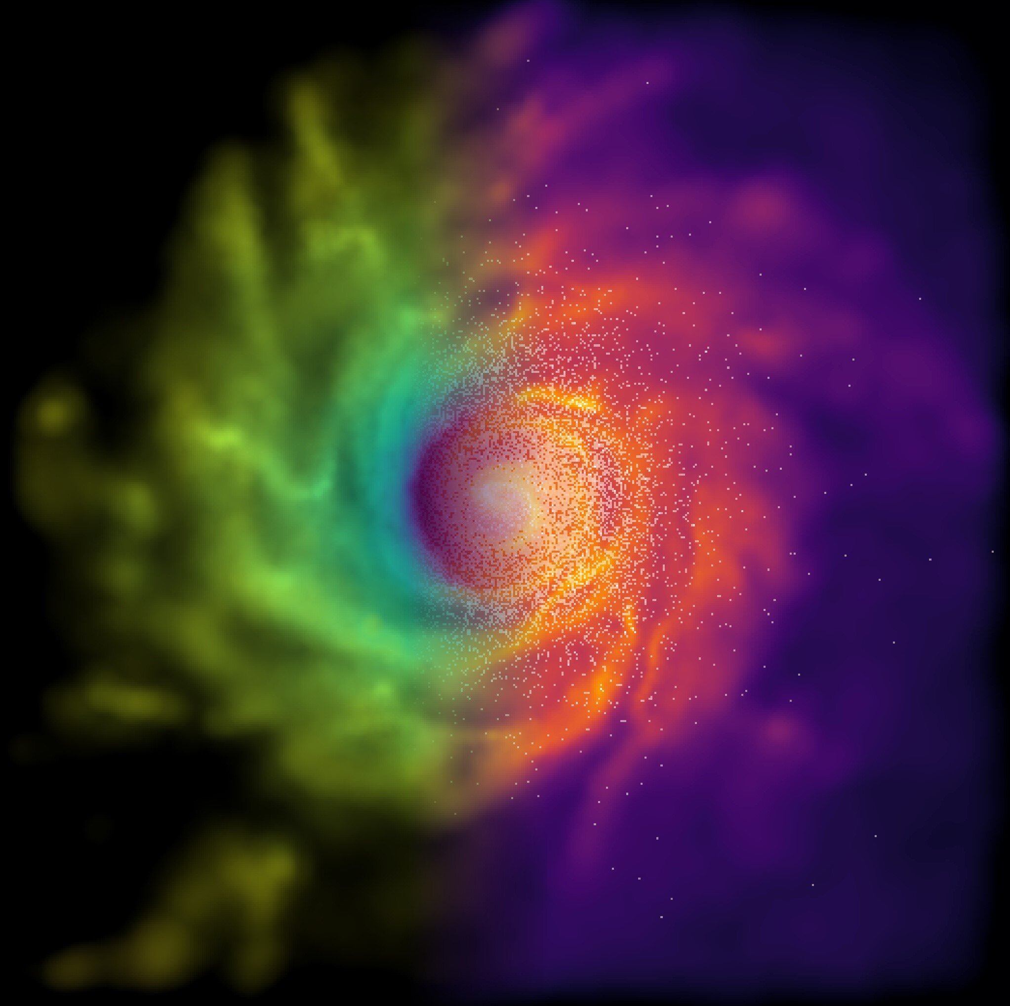 Simulace galaxie s chameleonskou gravitací. Vpravo hustota plynu a hvězdy, vlevo působením sil v plynu. Kredit: Christian Arnold/Baojiu Li/Durham University.