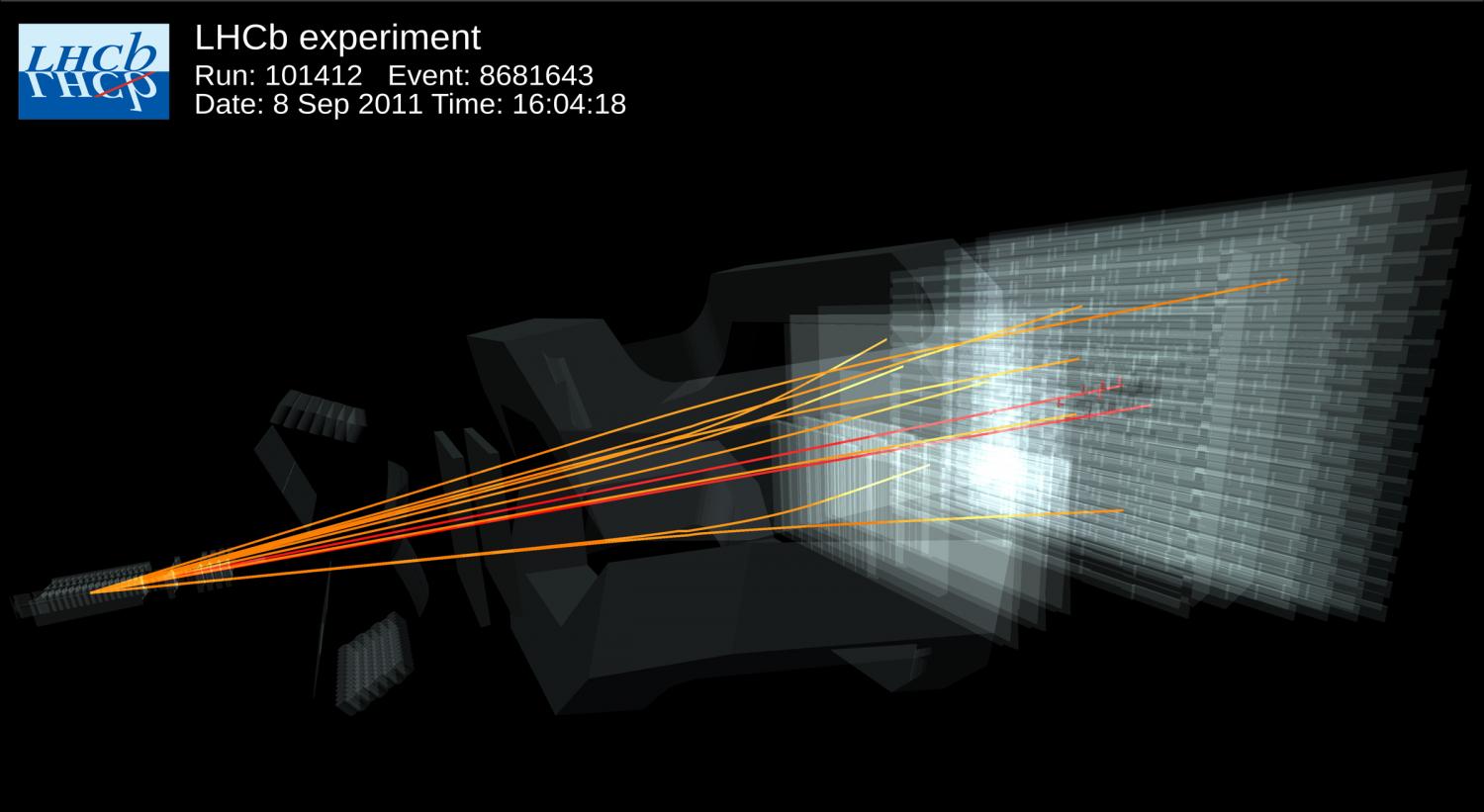 VzĂˇcnĂ˝ rozpad mezonu B v experimentu LHCb. Kredit: LHCb / CERN