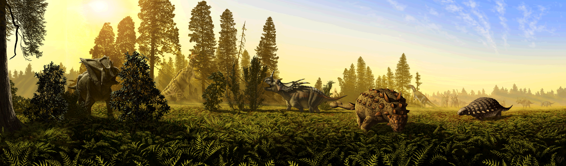 Ekosystém jedné z nejbohatších geologických formací (co se dinosauřích fosilií týče), severoamerického souvrství Dinosaur Park. Nachází se na území kanadské provincie Alberty a jeho stáří činí 76,5 až 74,4 milionu let. Na obrázku jsou ve směru zleva 