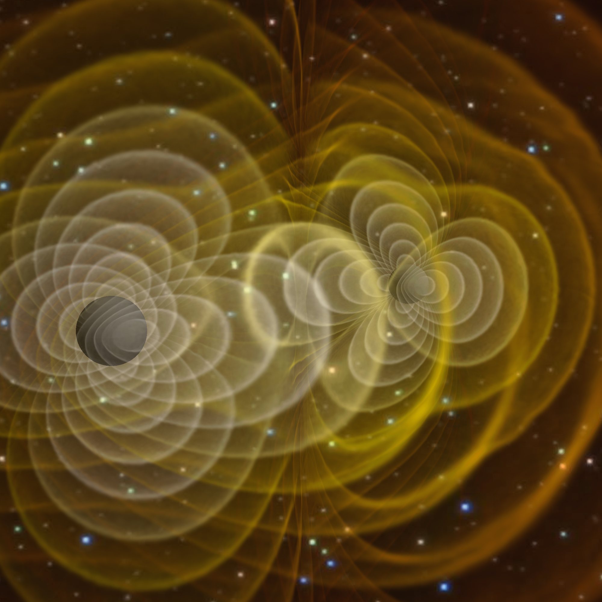 Vizualizace tĹ™Ă­rozmÄ›rnĂ©ho ĹˇĂ­Ĺ™enĂ­ vln, kterĂ© generuje pĂˇr gravitaÄŤnÄ› vĂˇzanĂ˝ch ÄŤernĂ˝ch dÄ›r.  Kredit: Henze, NASA