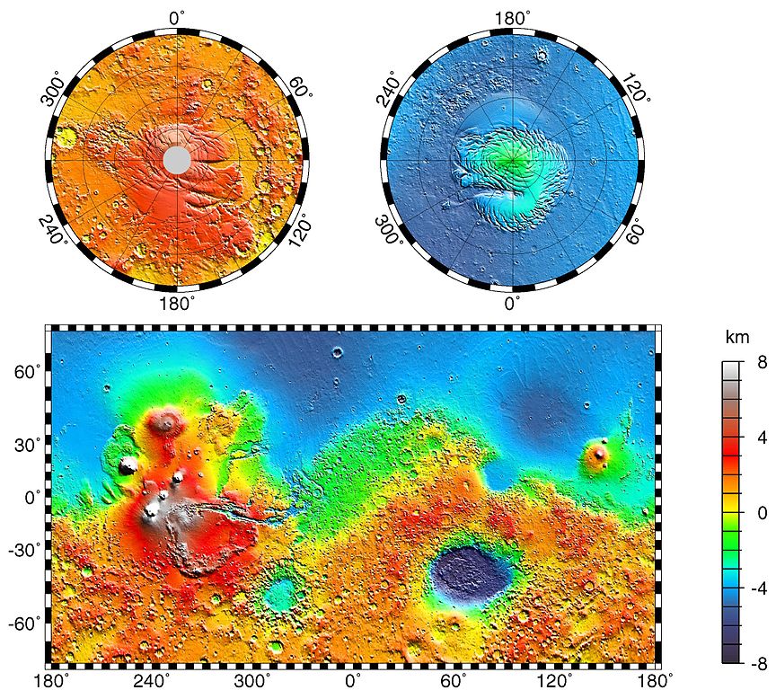 Topografie Marsu. ModrĂˇ by mÄ›la znamenat dĂˇvnĂ˝ oceĂˇn. Kredit: NASA / JPL-Caltech / GSFC.