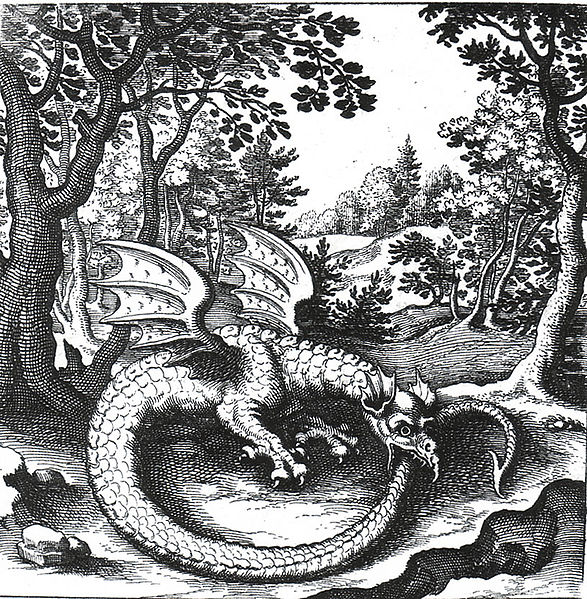 Ouroboros jako alchymistický symbol rtuti. Kredit: Lucas Jennis (1625), Wikimedia Commons.