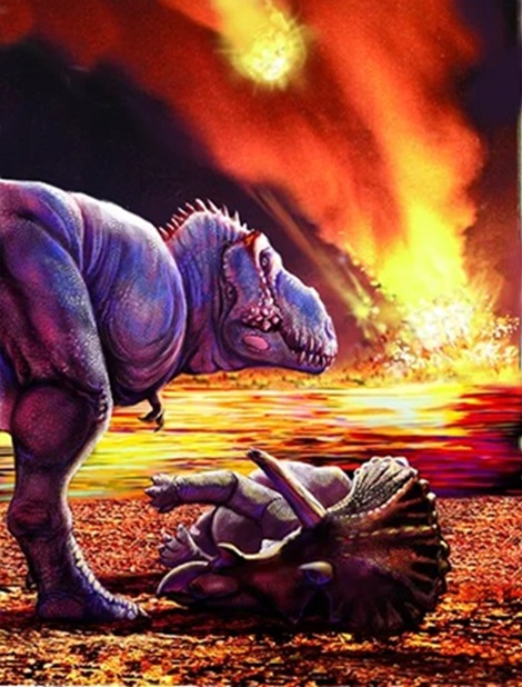 Dospělý jedinec tyranosaura právě skolil velkého ceratopsida triceratopse a s úděsem pohlíží na zkázu, která se brzy i jemu stane osudnou. A spolu s ním třem čtvrtinám druhů, žijících na samotném konci křídové periody. Kredit: Luis V. Rey (blog https