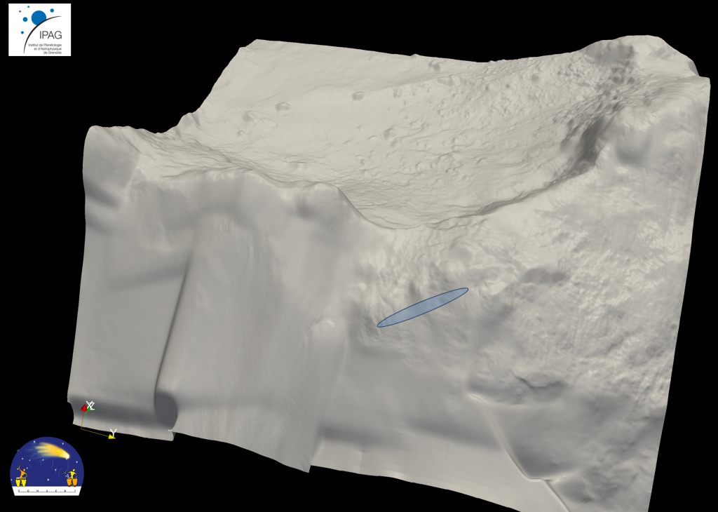 KombinacĂ­ dat v rĂˇdiovĂ©m oboru mezi modulem a mateĹ™skou sondou byla urÄŤena oblast moĹľnĂ©ho dopadu Philae o rozmÄ›rech 16x160 metrĹŻ.  Kredit: ESA/Rosetta/Philae/CONSERT