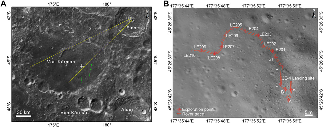 Místo přistání a cesta Nefritového králíka v průběhu radarových měření analyzovaných v článku Chunlai Li et al, Science Advances, Vol. 6, No. 9, 26 February 2020 (zdroj zmíněný článek).