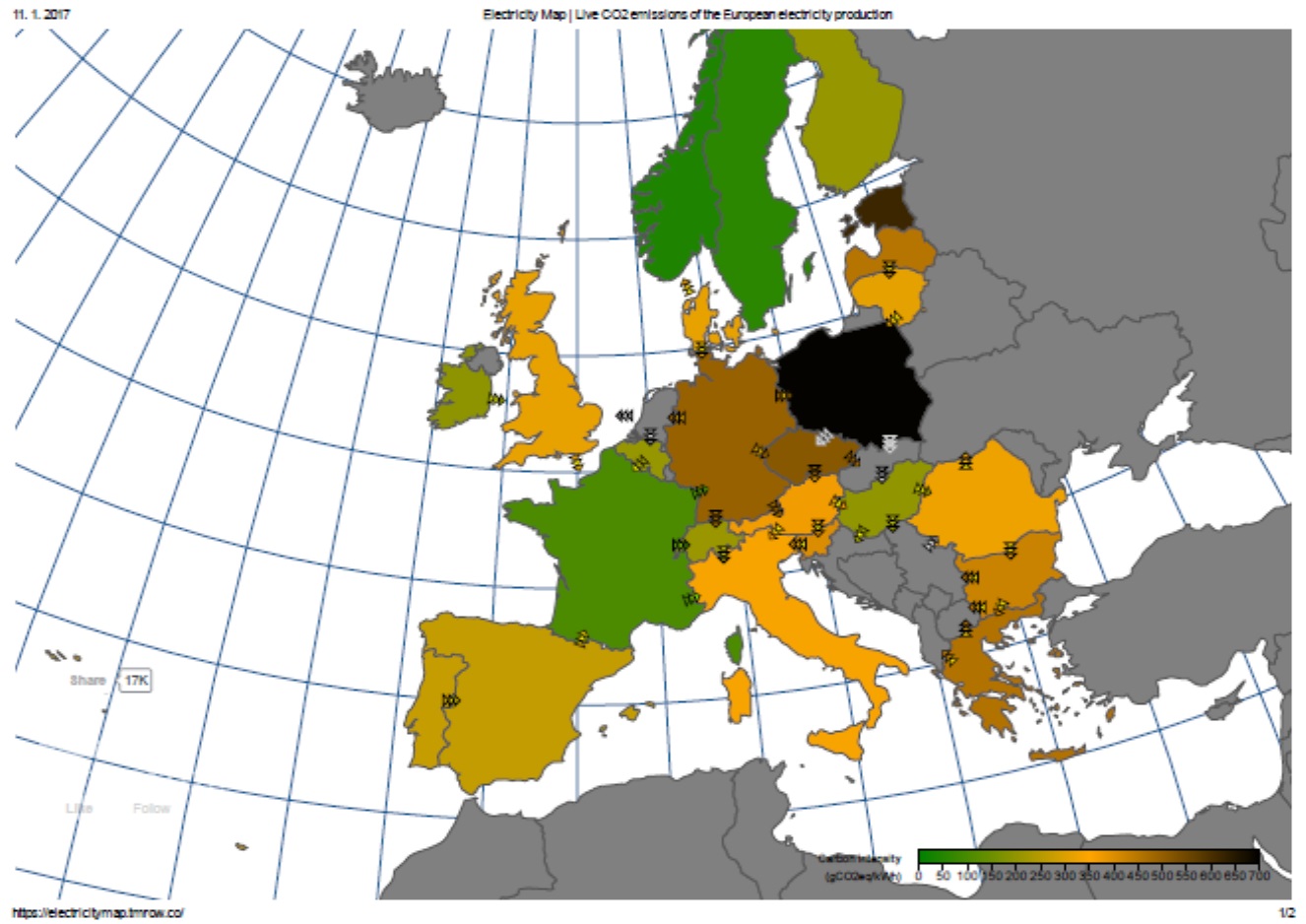 Produkce oxidu uhličitého v  elektroenergetice v Evropě v podzimní době, kdy fouká spíše méně, ukazuje, jaká je situace u různých evropských států. Čím zelenější, tím menší produkce oxidu uhličitého na jednotku vyrobené elektřiny. Čím tmavší hnědá až