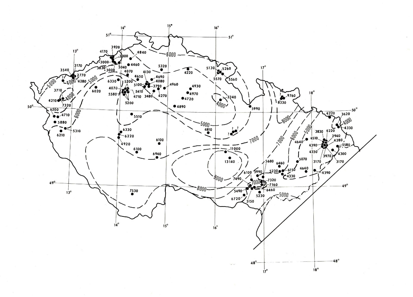 Prognóza hloubek (v metrech) teploty 130 oC na území České republiky (zdroj V. Čermák aj. Šafanda, 1982).