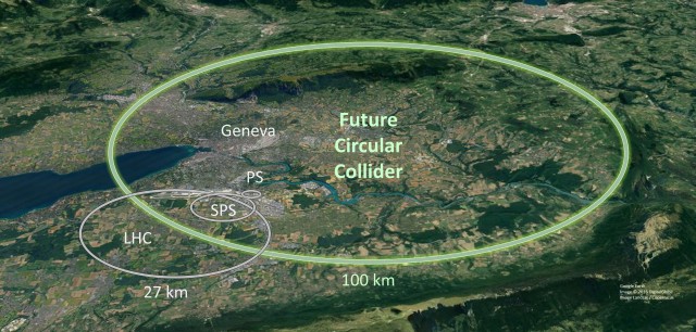 Schéma budoucího urychlovače FCC a jeho umístění v laboratoři CERN (zdroj CERN).