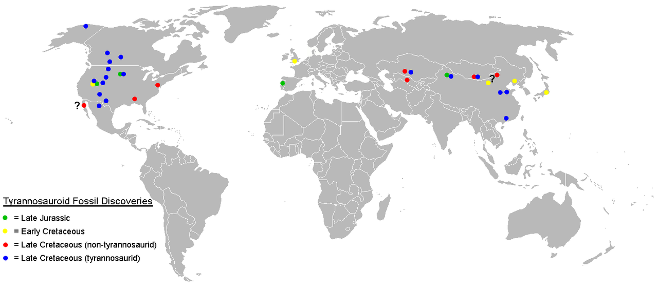 Zeměpisné rozšíření tyranosauridů zobrazují modré body na mapě světa (současné rozložení kontinentů). Na první pohled je zřejmé, že šlo o skupinu značně rozšířenou, ovšem zatím známou pouze ze Severní Ameriky a střední/východní Asie. Na kontinentech 