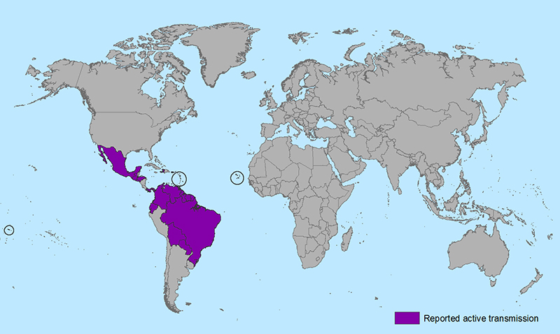 Oblasti, kde se teÄŹ zika ĹˇĂ­Ĺ™Ă­ komĂˇĹ™Ă­m ĹˇtĂ­pnutĂ­m. Kredit: CDC.