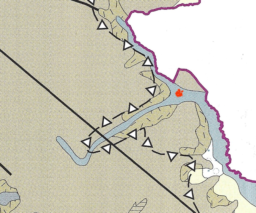 Výřez z geologické mapy představující cca 25 x 30 km. Rozsah maximálního zalednění vyznačen přerušovanou čarou s trojúhelníky. Krnov autorem vyznačen červeně. Převzato z publikace MACKOVČIN, P. – WEISSMANNOVÁ, H: Chráněná území ČR. Ostravsko, svazek 