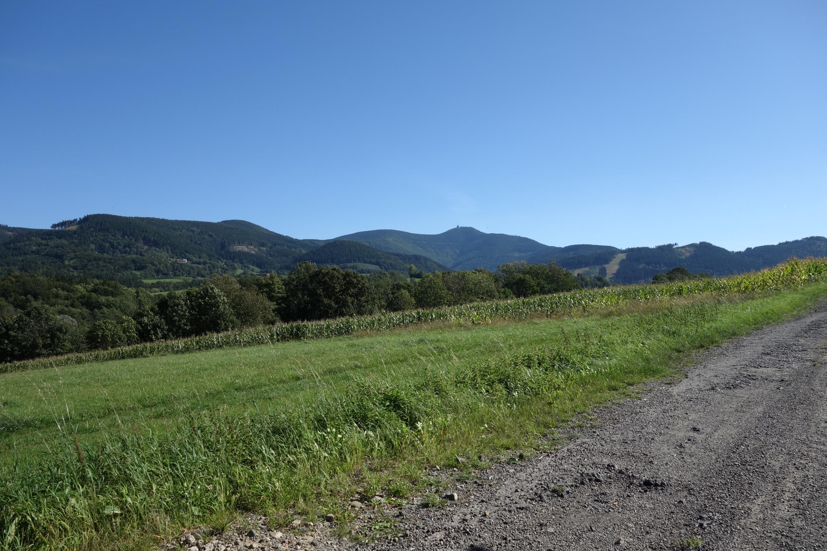 Na cestě v Lubnu ve výšce 430 m n. m. Místo, odkud byla pořízena fotografie, je na výřezu mapy označeno bílým bodem. Bludný balvan zaznamenaný na mapě ležel 150-200 m vlevo ve výšce 410-415 m n. m. V pozadí směrem na jihovýchod vrchol Lysé hory (1323