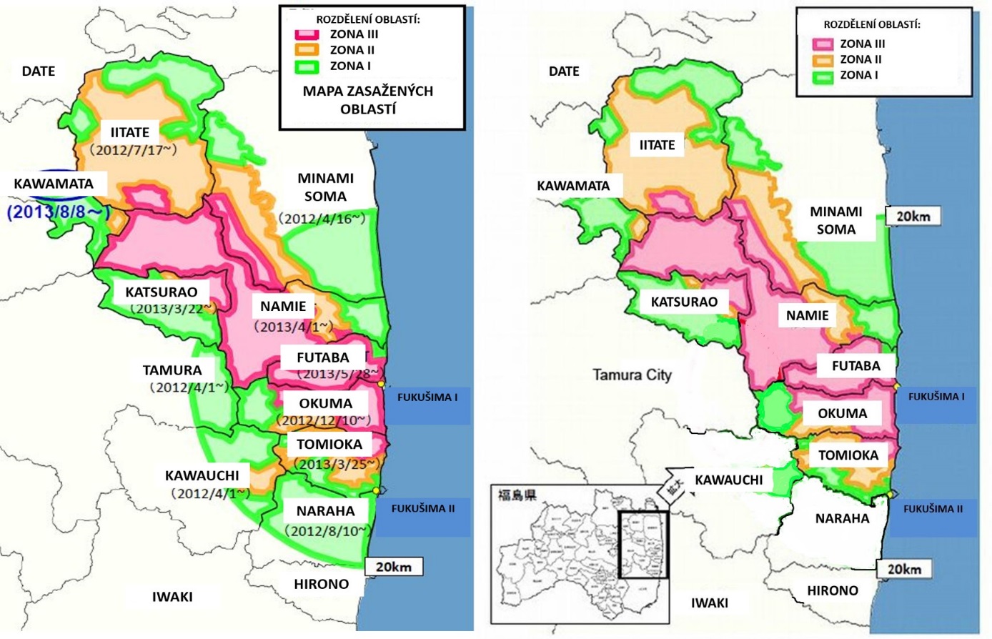 SrovnĂˇnĂ­ situace po rozdÄ›lenĂ­ kontaminovanĂ˝ch ĂşzemĂ­ do tĹ™Ă­ kategorii v srpnu 2013 a situace, kterĂˇ nastane po ĂşplnĂ©m zruĹˇenĂ­ omezenĂ­ ve mÄ›stÄ› Naraha. V roce 2013 bylo v zĂłnÄ› celkovÄ› nebo ÄŤĂˇsteÄŤnÄ› jedenĂˇct samosprĂˇvnĂ˝ch celk