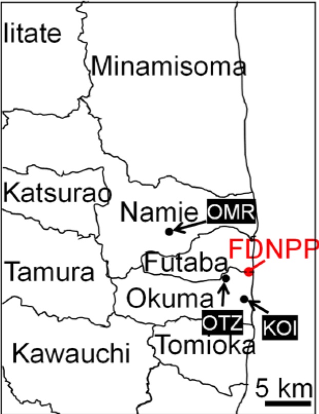 Místa nálezů čtyř cesiových mikročástic, vzorky OMR (OMR1), OTZ (OTZ3 a OTZ10) a KOI (KOI2) (zdroj Junpei Imoto et al: Scientific Reports 7:5409).