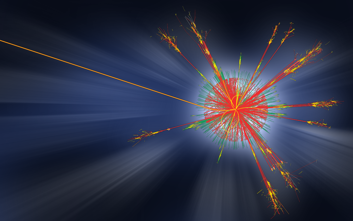 Simulace vypaření mikroskopické černé díry vzniklé na LHC emisí Hawkingova záření. Urychlovač LHC mikroskopické černé díry neobjevil a jejich existence i existence Hawkingova záření zůstávají stále v oblasti hypotéz. (Zdroj CERN).