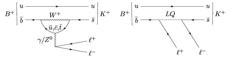 Vlevo je Feynmanův diagram zobrazující základní příspěvek k rozpadu mezonu B+ na K+ mezon a dvojici leptonů. Realizuje se s účastí těžkých virtuální bosonů a kvarků. Napravo je příspěvek, který by šel přes hypotetický leptokvark. Jeho příspěvek by mo