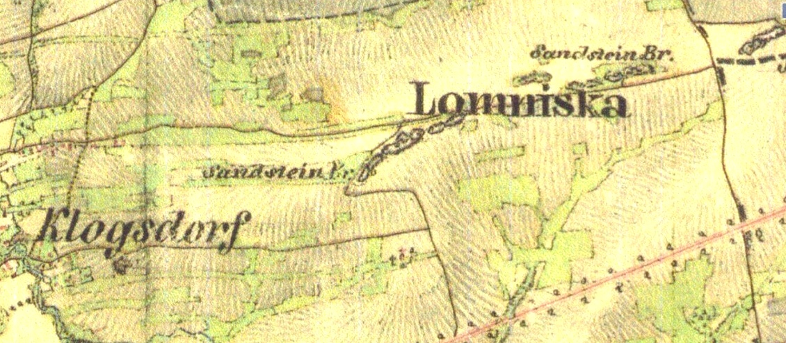 Pískovcové lomy v Klokočově na mapě z II. vojenského mapování (1836-1852). Zobrazeno cca 2,8 x 1,2 km. WWW oldmaps.geolab.cz