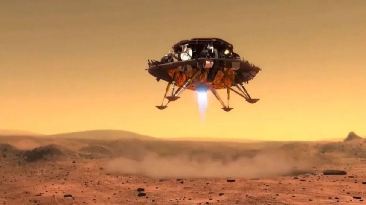 Výtvarná představa přistání čínského přistávacího modulu na Marsu (zdroj CNSA).