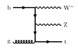 Graf 4) Feynmanův diagram produkce t kvarku a W- a Z bosonů při srážce b kvarku a gluonu (zdroj arXiv:2510.19080)