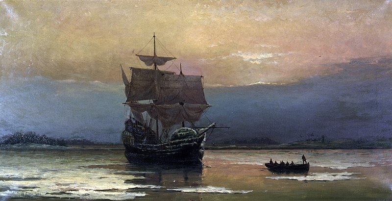 Původní Mayflower v přístavu Plymouth. Kredit: Pilgrim Hall Museum / Wikimedia Commons.