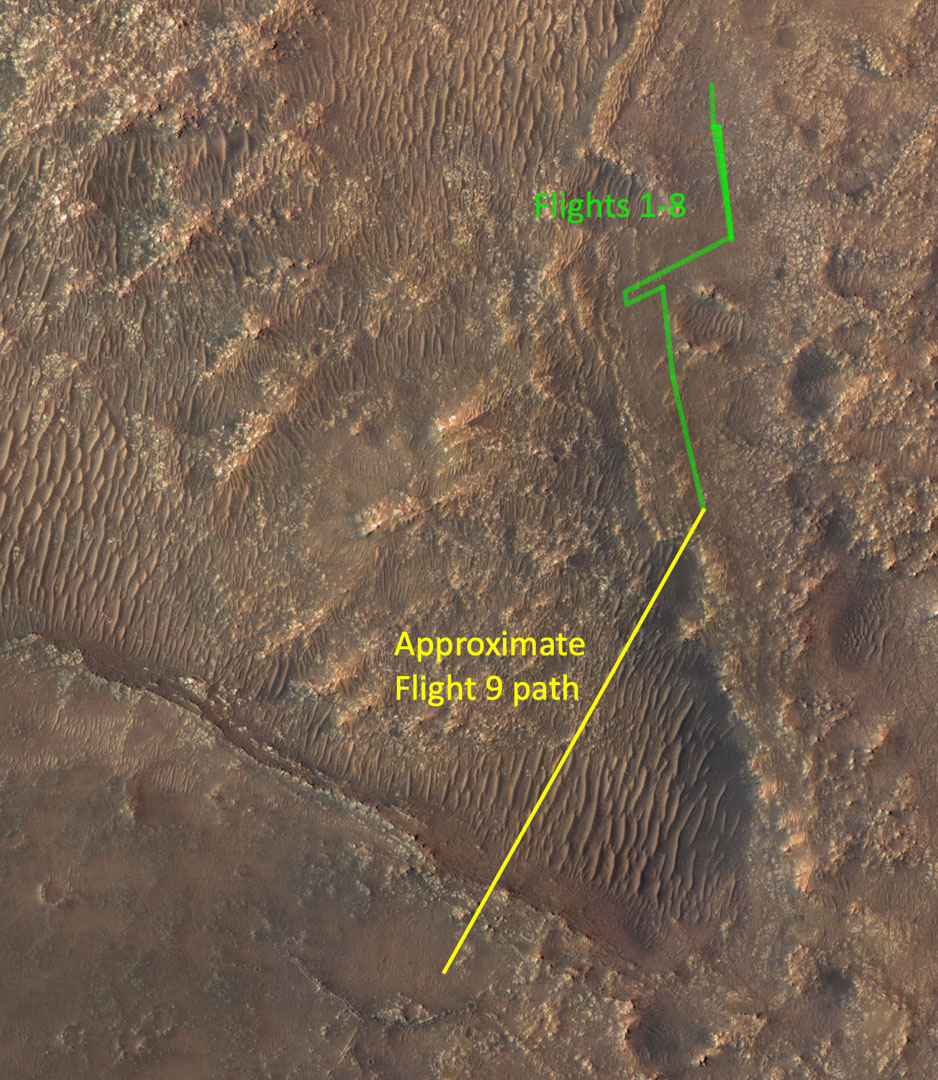 Přibližné trasy jednotlivých letů vrtulníku Ingenuity (zdroj NASA/JPL-Caltech).