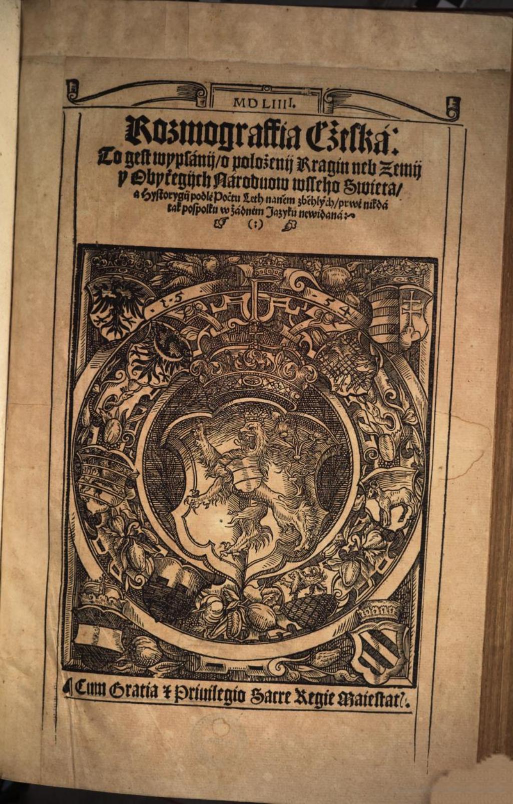 Titulní list českého vydání Kosmografie z roku 1554 v Rakouské národní knihovně. Dostupné zde.