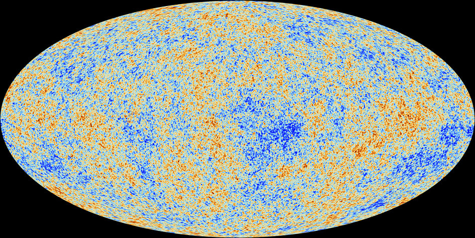 Mapa tepelných nehomogenit reliktního mikrovlnného záření získaná sondou Planck (zdroj ESA).