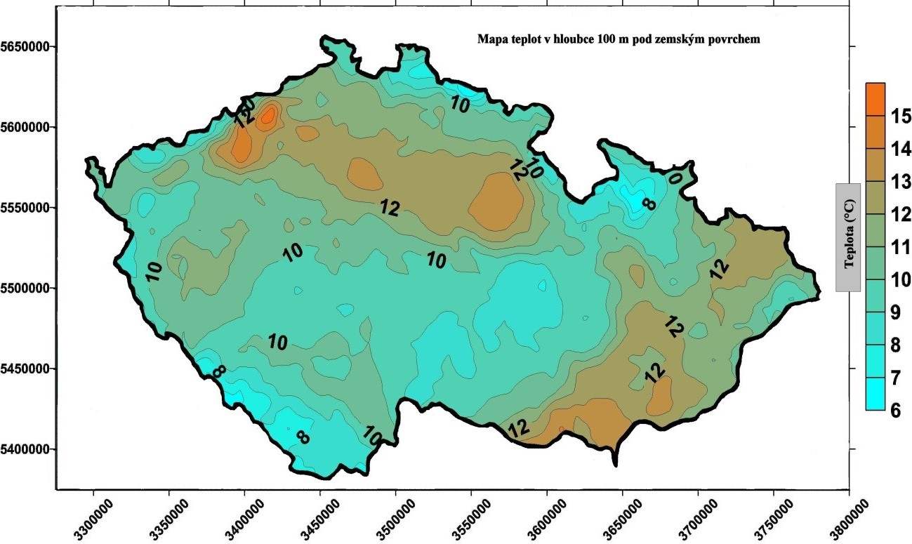 Mapa teploty v hloubce 100 m pod povrchem České republiky (zdroj P. Dědeček a kol., 2007).