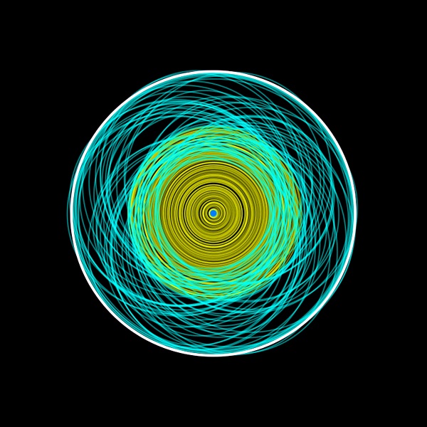 Simulace chaosu vyvolanĂ©ho Jupiterem (dneĹˇnĂ­ drĂˇha bĂ­le), drĂˇhy planetesimĂˇl tyrkysovÄ›, vnitĹ™nĂ­ planetĂˇrnĂ­ disk ĹľlutÄ›. Kredit: K. Batygin / Caltech.