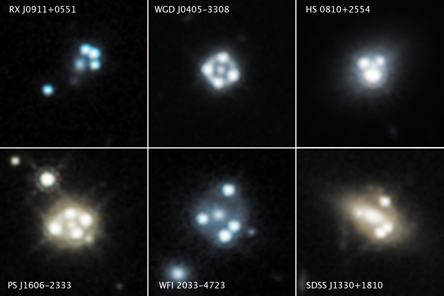 Přehlídka gravitačních čoček kvasarů využitých ve výzkumu. Kredit: NASA, ESA, A. Nierenberg (JPL) and T. Treu (UCLA).