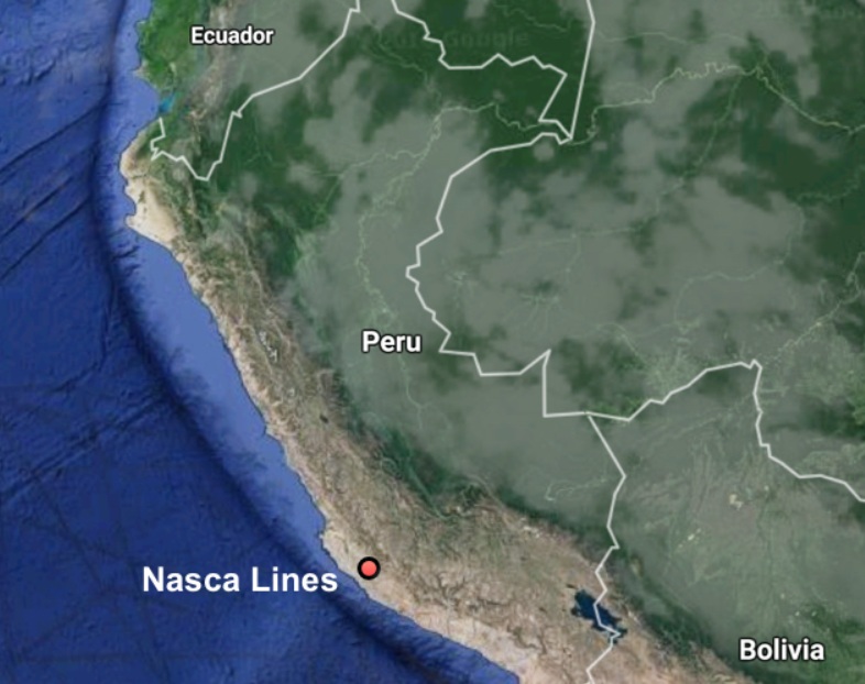 Před zhruba 200 lety před naším letopočtem až 800 n.l. Nasca byla zemědělsky využívanou kvetoucí zahradou. Je známa především pro své obrazce viditelné i z vesmíru. (Kredit: Google Maps)