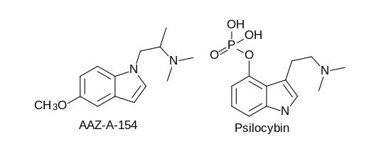 Srovnání struktury psilocybinu s nově připravenou psilocybinem inspirovanou molekulou, jež by mohla být lékem na depresi a nevyvolávat halucinace. Kredit: BKchem.