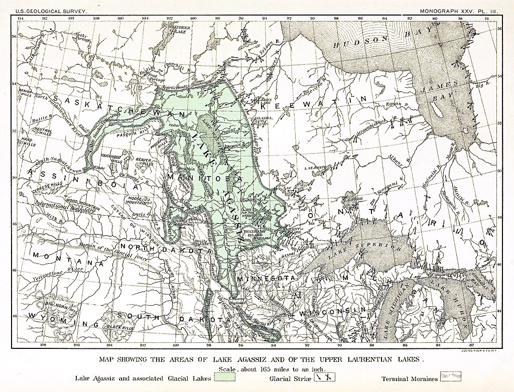 Agassiz-Ojibway. Jezero velikosti Černého moře se nacházelo poblíž dnešního severního Ontaria. Volné dílo.