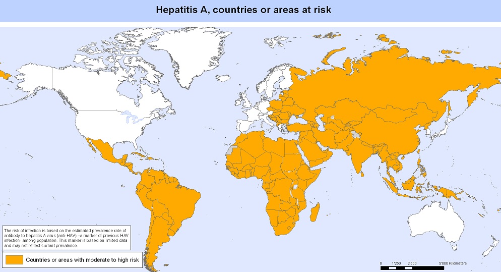 RizikovĂ© zemÄ› hepatitidy A. Kredit WHO, 2012