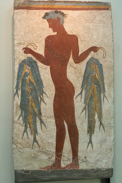 „Rybářská freska“ z Akrotiri. Možná představuje mladíka, který nabízí ryby jako součást náboženského obřadu, spíše než rybáře. Z místnosti 5 Západního domu v Akrotiri. Muzeum prehistorické Théry. Kredit: Zde, Wikimedia Commons