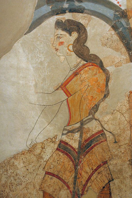 Fragment nástěnné malby: Dáma, detail. Akrotiri, „Dům dam“. Muzeum prehistorické Théry, 261-265. Kredit: Zde, Wikimedia Commons.