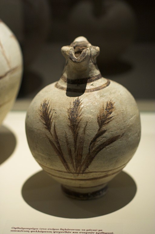 Široký džbán s třemi klasy, z Akrotiri. Národní archeologické muzeum v Athénách. Kredit: Zde, Wikimedia Commons