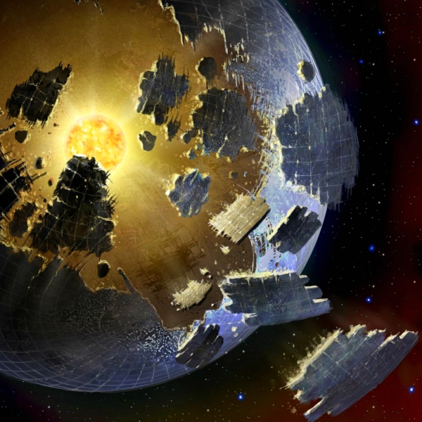 Jak asi vypadĂˇ systĂ©m hvÄ›zdy KIC 8462852? Kredit: Danielle Futselaar / SETI International.