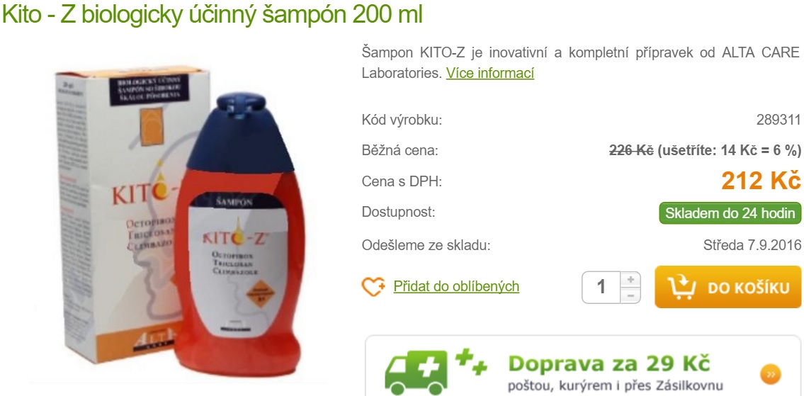 LĂ©kĂˇrnou nabĂ­zenĂ˝ KITO-Z, coĹľ mĂˇ bĂ˝t â€žĹˇampĂłn pro zdravĂ­â€ś se uvĂˇdÄ›nĂ­m triclosanu dokonce chlubĂ­. Spolu s uvedenĂ­m dĹŻvÄ›ryhodnĂ©ho vĂ˝robce ALTA CARE Laboratories to na kupujĂ­cĂ­ho nutnÄ› musĂ­ pĹŻsobit, Ĺľe takovou koupĂ­ drahĂ©ho