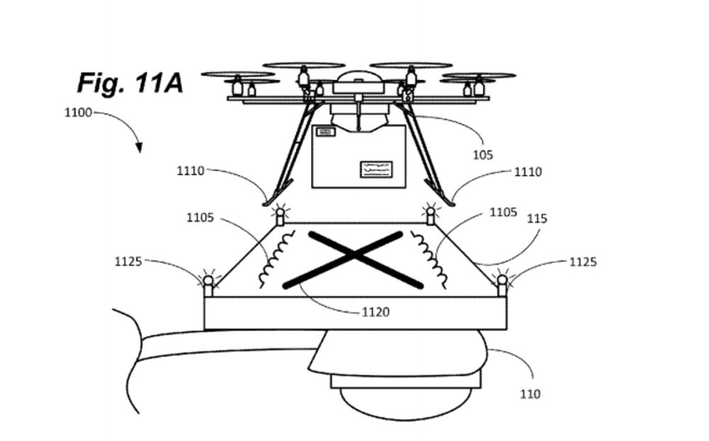 DobĂ­jecĂ­ stanice pro drony na veĹ™ejnĂ©m osvÄ›tlenĂ­ v podĂˇnĂ­ patentu firmy Amazon.