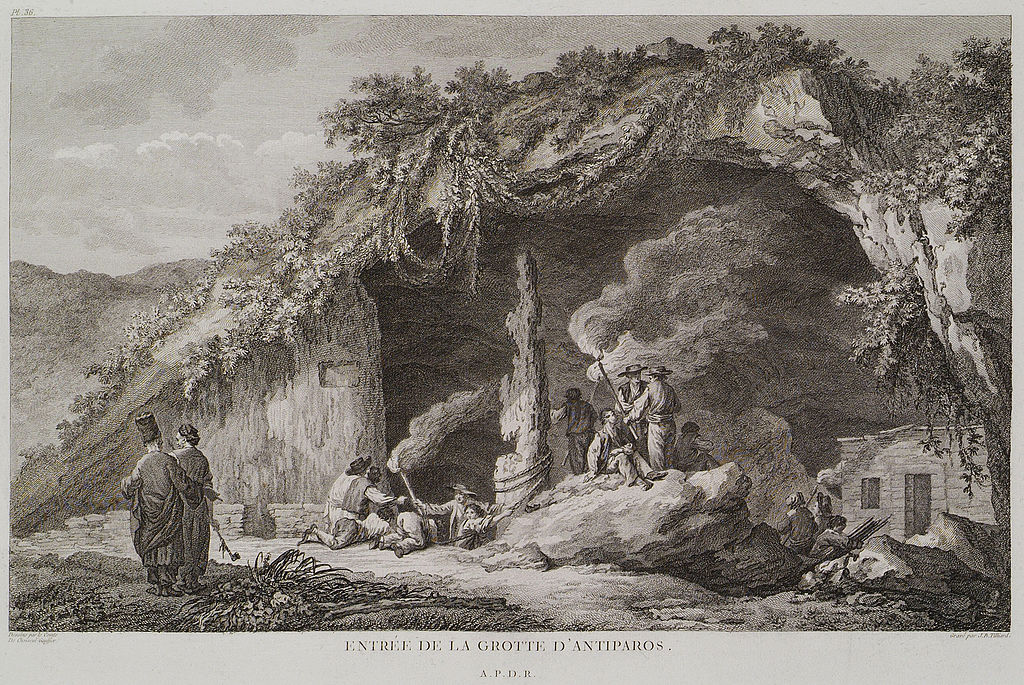 Vchod do jeskyně, rytina snad z roku 1782, vydaná tiskem v Paříži roku 1809. Kredit: Gts-tg, Wikimedia Commons. Public domain.