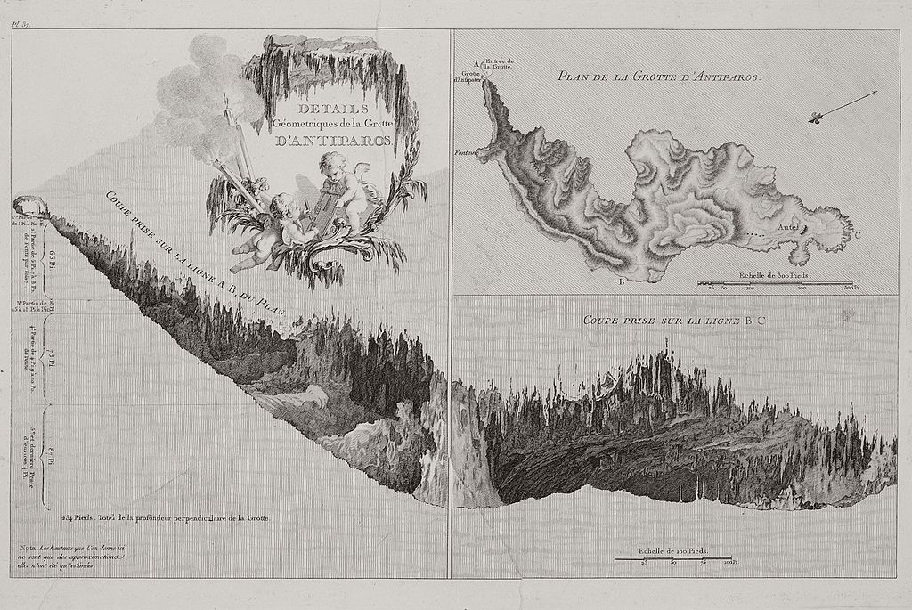 Geometrie jeskyně, rytina snad z roku 1782, vydaná tiskem v Paříži roku 1809. Kredit: Gts-tg, Wikimedia Commons. Public domain.