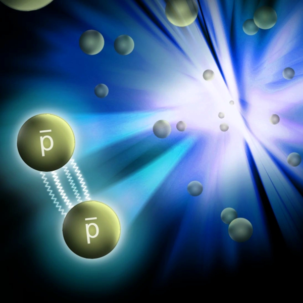 PĂˇr antiprotonĹŻ ve srĂˇĹľce jader zlata. Kredit: Brookhaven National Laboratory.