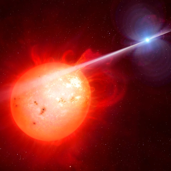 PulzujĂ­cĂ­ systĂ©m trpaslĂ­kĹŻ AR Scorpii. Kredit: M. Garlick/University of Warwick, ESA/Hubble.