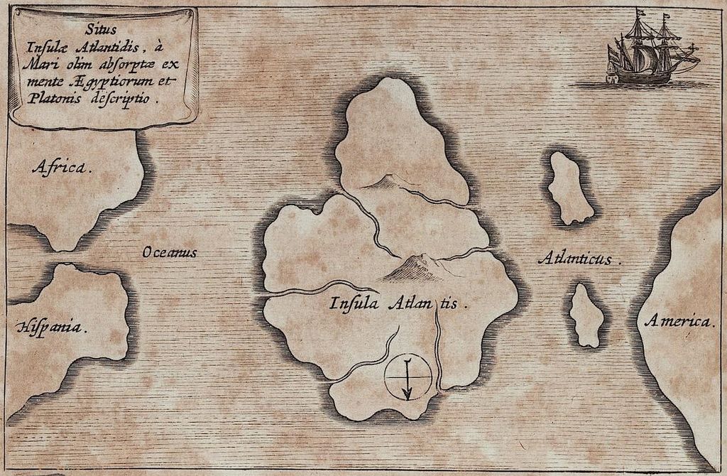 Mapa Atlantidy, sever je dole. (Staré mapy mívají nahoře jih, analogicky astronomickému pohledu na meridián.) Athanasius Kircher: Mundus subterraneus. Amsterdam 1678. Dobový pokus o vědu. Kredit: UB Heidelberg, Wikimedia Commons.