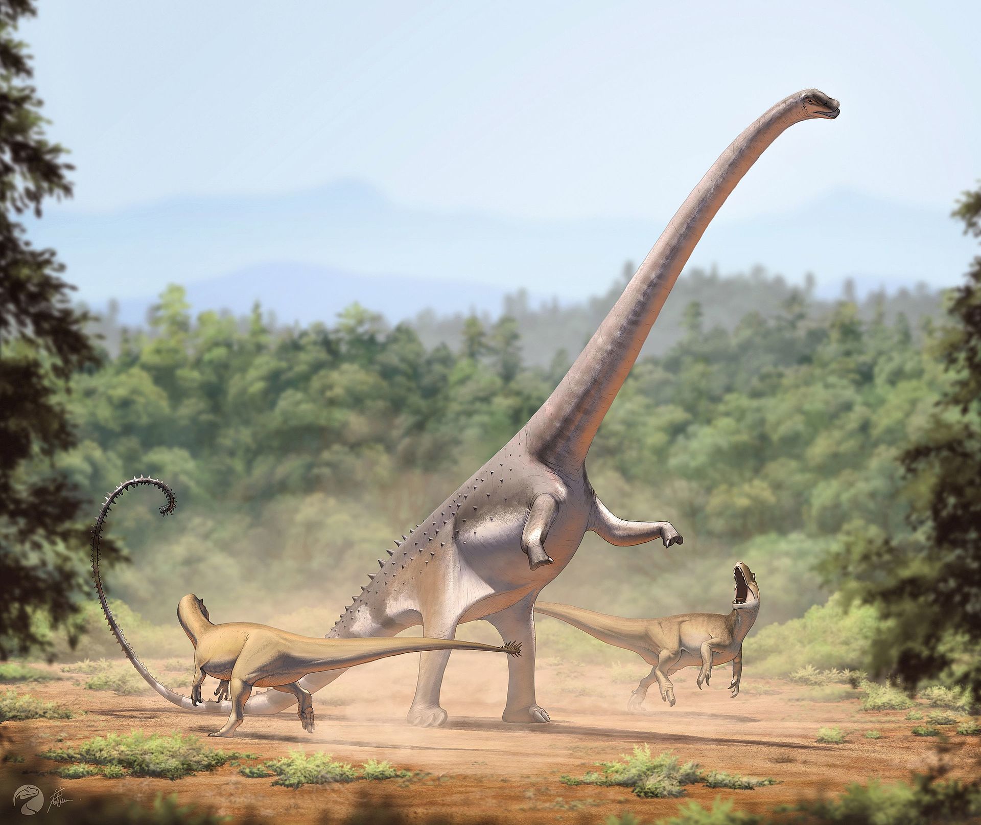 Ilustrace zobrazující obřího sauropoda druhu Barosaurus lentus, stojícího na zadních a bránícího se před útokem dvojice teropodů druhu Allosaurus fragilis. Tato scéna se odehrála před zhruba 150 miliony let na západě Severní Ameriky a fosilie jejích 