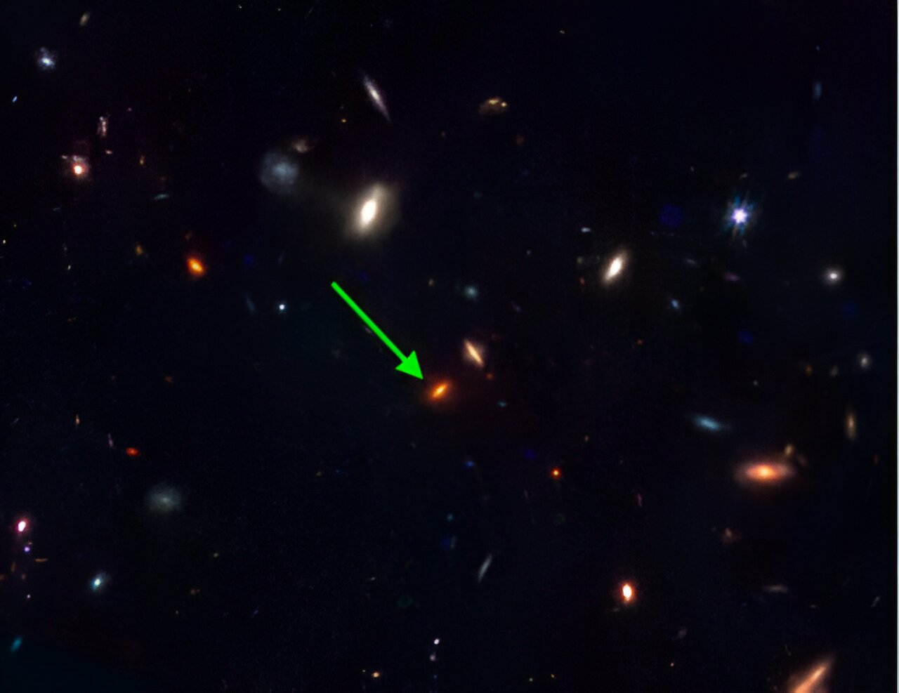 Nemožná galaxie ZF-UDS-7329. Kredit: James Webb Space Telescope.
