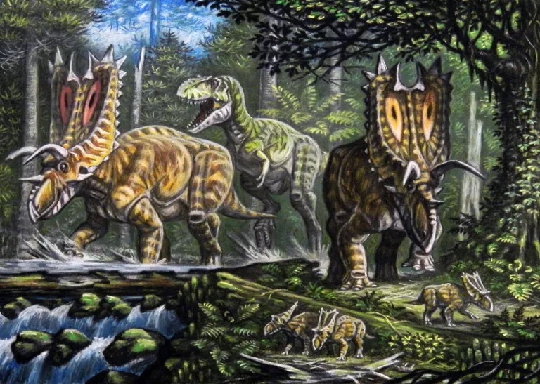 Přibližně 74 milionů let stará scéna z ekosystémů v rámci geologického souvrství Kirtland. Dravý tyranosauridní teropod druhu Bistahieversor sealeyi se pokouší ulovit dospělého jedince druhu Pentaceratops sternbergi. Ve skutečnosti se však tito terop