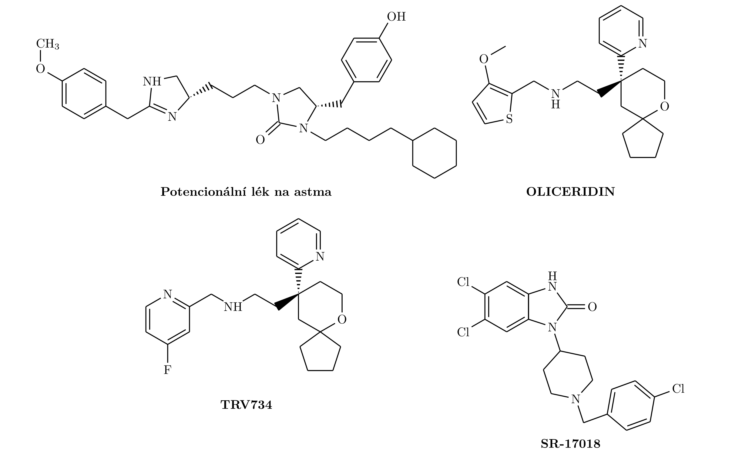 Struktura vybraných funkčně selektivních agonistů. Zatímco antiastmaticky aktivní sloučenina a opioid SR-17018 jsou ryze experimentální látky, tak oliceridin byl první schválený opioid cíleně vyvinutý k preferenci signální dráhy G proteinu. Dále zobr